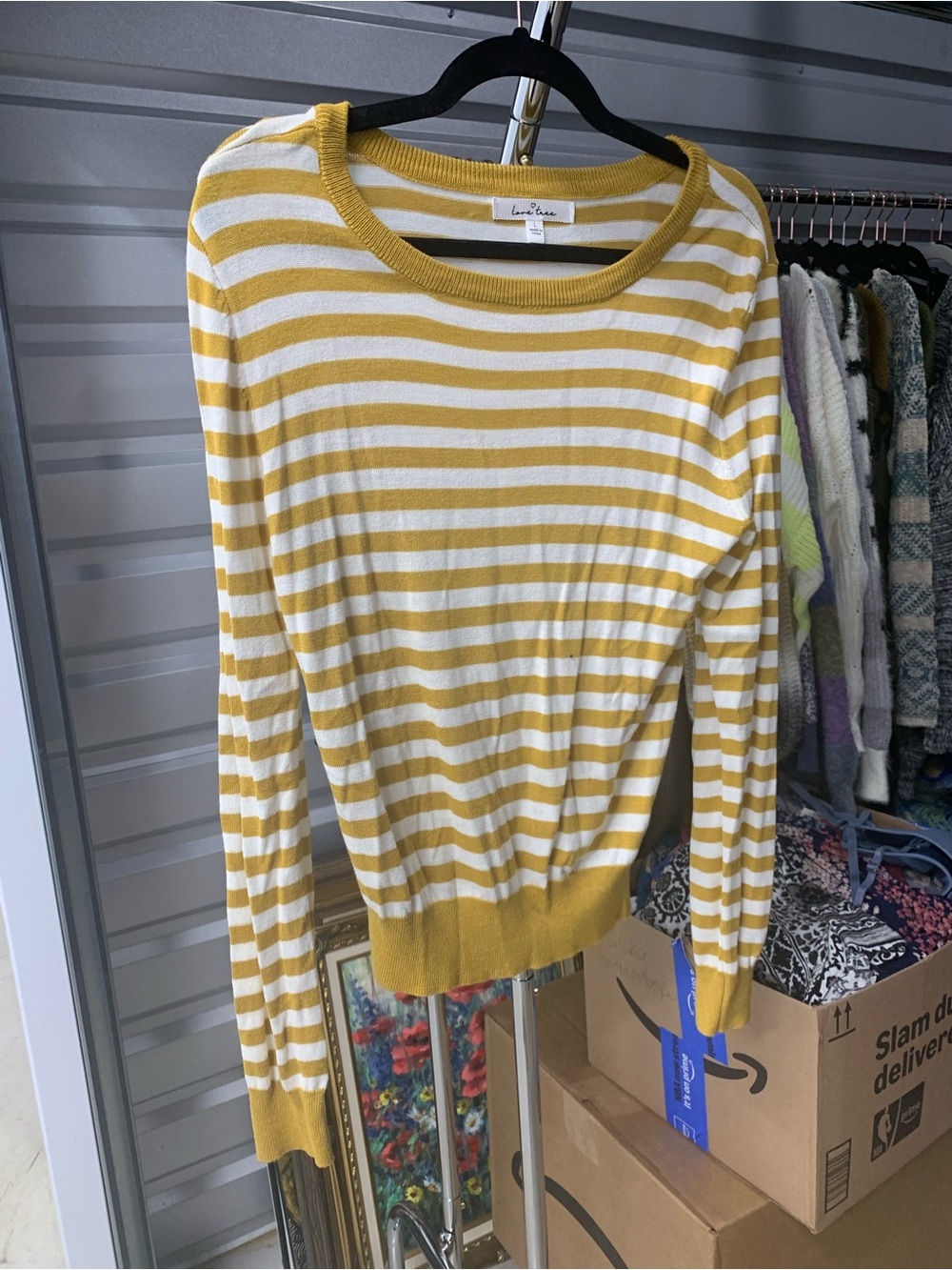 Love Tree Mustard and White Striped Crewneck Sweater